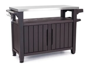 Keter Unity XL Portable Outdoor Table and Storage Cabinet with Accessory Hooks, Espresso Brown