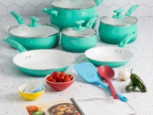 Tasty Ceramic Titanium-Reinforced Cookware Set, Ombre Green, 16 Piece