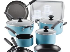 Farberware 20 Pc Easy Clean Aluminum Nonstick Cookware Pots and Pans Set, Aqua