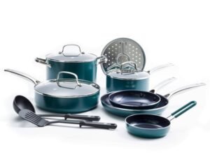 Blue Diamond 12-Piece Toxin-Free Ceramic Nonstick Pots and Pans Cookware Set, Dishwasher Safe, Green