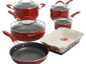 The Pioneer Woman Frontier Speckle 10-Piece Aluminum Nonstick Cookware Set, Red