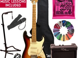 Learn To Play Sawtooth Vintage Sunburst Electric Guitar with Amp, Ernie Ball Strings, and Chromacast Stand, Picks, Cable, Strap, Case, and Free Music Lessons