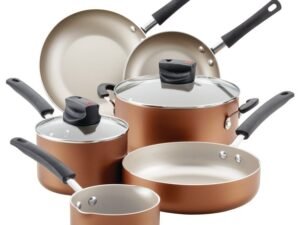 Farberware Easy Clean Steam Vent Cookware Nonstick Pots and Pans Set, 14-Piece, Copper