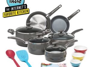 Tasty Non-Stick 16-Piece Cookware Set, Diamond-Reinforced, Dishwasher Safe, Ombre Gray