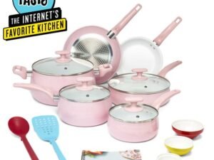 Tasty Ceramic Titanium-Reinforced Cookware Set, Pink, 16 Piece