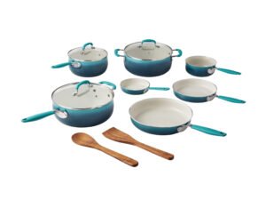 The Pioneer Woman 12-Piece Porcelain Enamel Classic Ceramic Cookware Set, Ombre Teal