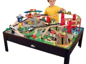 KidKraft Airport Express Espresso Wooden Train Set & Table with 91 accessories included