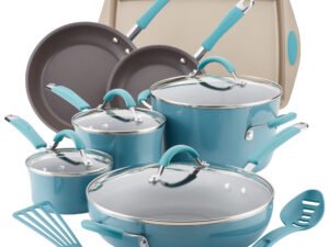 Rachael Ray Cucina Hard Porcelain Enamel Nonstick Cookware Set, 13-Piece, Agave Blue