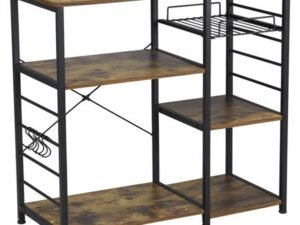 Multilevel Kitchen Stand Trolley Wood Kitchen Storage Shelf with Basket & 6 Hooks, Metal Rustic Brown Short