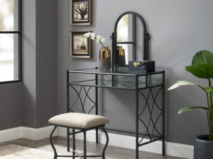 Mainstays Lattice Metal and Glass Vanity Set with Shelf and Upholstered Stool, Black