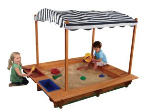 KidKraft Outdoor Covered Wooden Sandbox with Bins and Striped Canvas Canopy, Navy & White