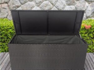 BaytoCare Outdoor Storage Box, 113 Gallon Wicker Patio Deck Boxes with Lid, Outdoor Cushion Storage Container Bin Chest for Kids Toys, Pillows, Towel Black