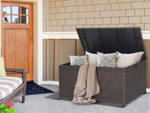 Gymax 133 Gallon Outdoor PE Wicker Storage Box Mix Brown Rattan Deck w/ Waterproof Liner