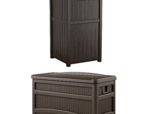 Suncast 73 Gallon Deck Box w/ Seat & Trash Hideaway Outdoor Garbage Bin, Java