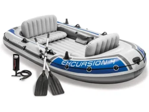 Intex 68324EP Excursion 4 Person Inflatable Rafting and Fishing Boat Set with 2 Oars, Pump, and Bag, Gray/Blue