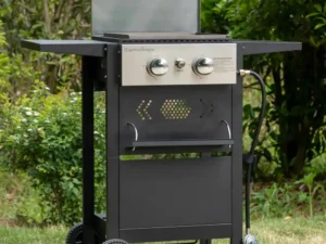 MF Studio 2-Burner Propane Grill and Griddle Cooking Station with Side Shelves Black