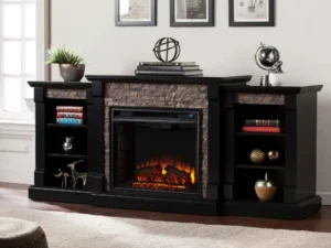 Sei Grand Heights Traditional style Faux Stone Low Profile Electric Fireplace in Satin black finish