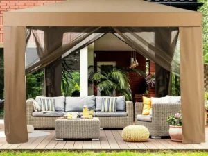 SUGIFT 10'x10' Outdoor Gazebo Patio Tents Garden Canopy Shelter W/ Netting, Brown